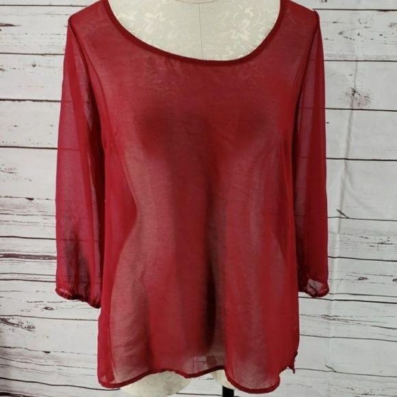 Charming Charlie Red Cream sheer colorblock medium quarter sleeve Blouse - Picture 2 of 8